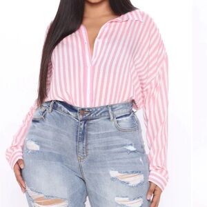 Fashion Nova Playin’ Games Pink Striped Button-Up | Long Sleeve Blouse
